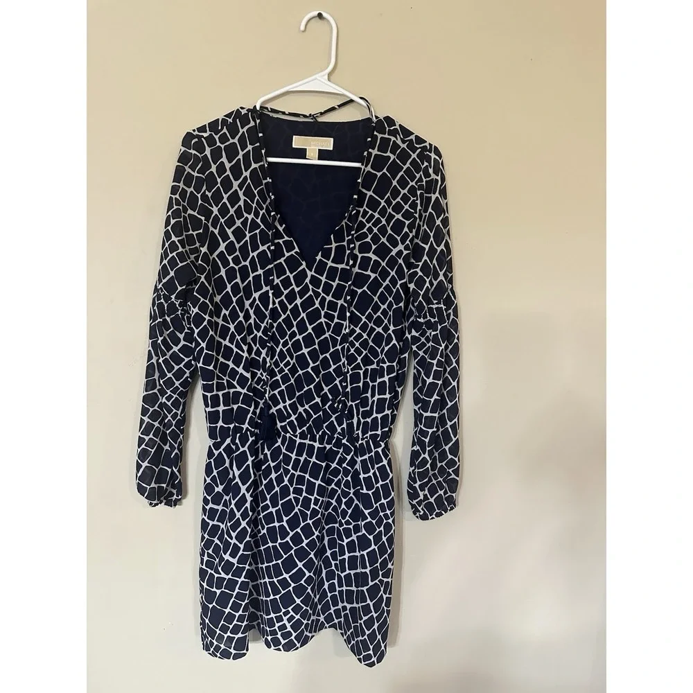 Women's Michael Kors‎ Navy White Geometric Long Sleeve Tie Wrap Dress Size S